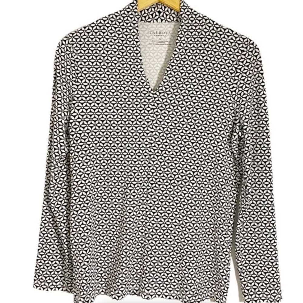 Talbots Black White Geometric Print Long Sleeve Top Size M - Picture 2 of 10